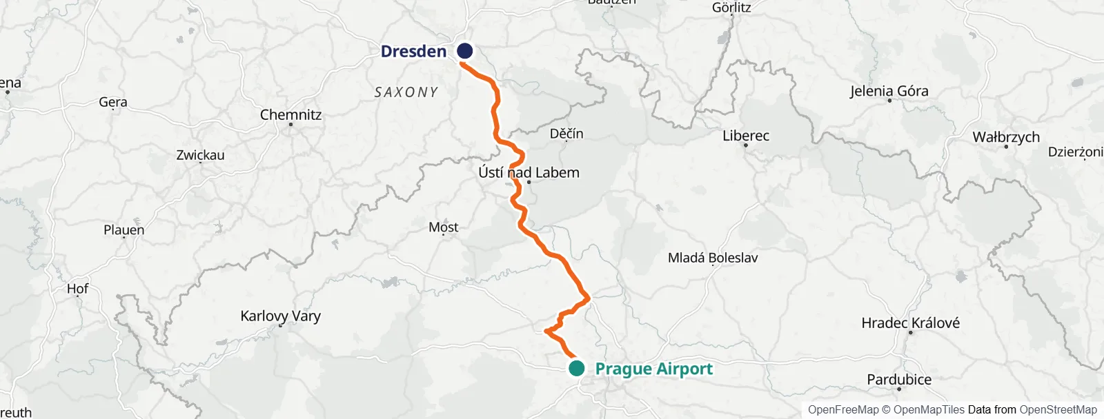 Carte de l’itinéraire: Prague Airport – Dresden