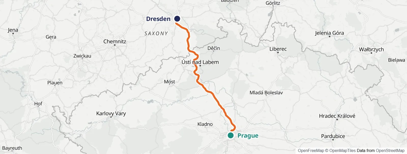 Carte de l’itinéraire: Prague – Dresden