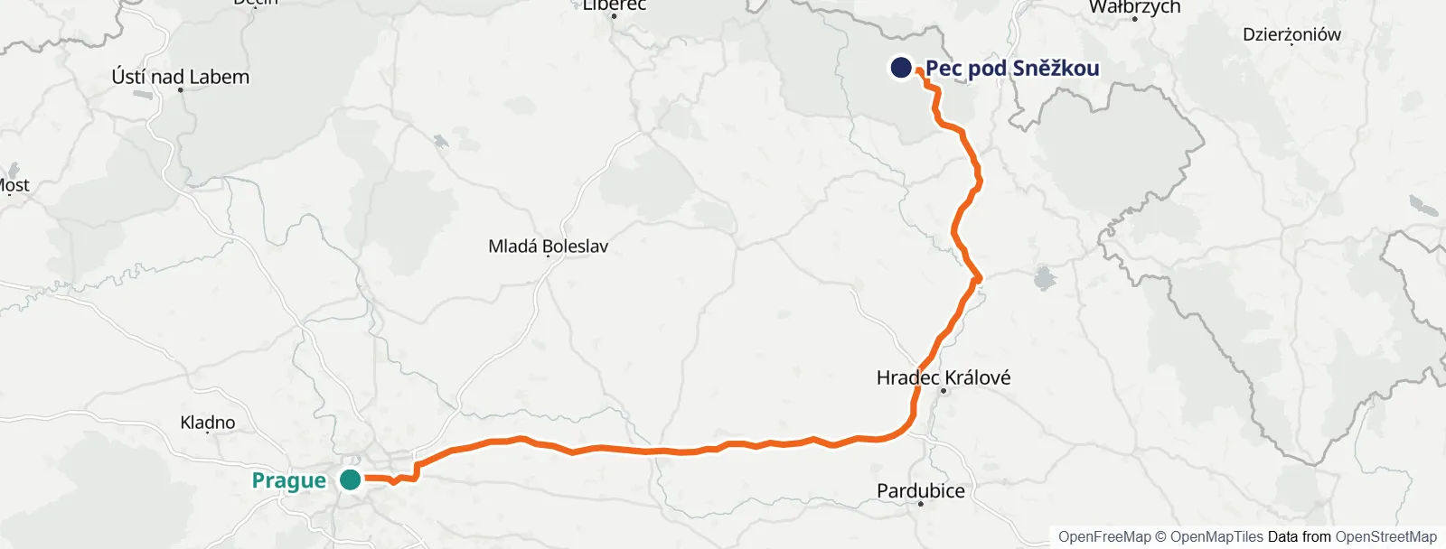 Carte de l’itinéraire: Prague – Pec pod Sněžkou