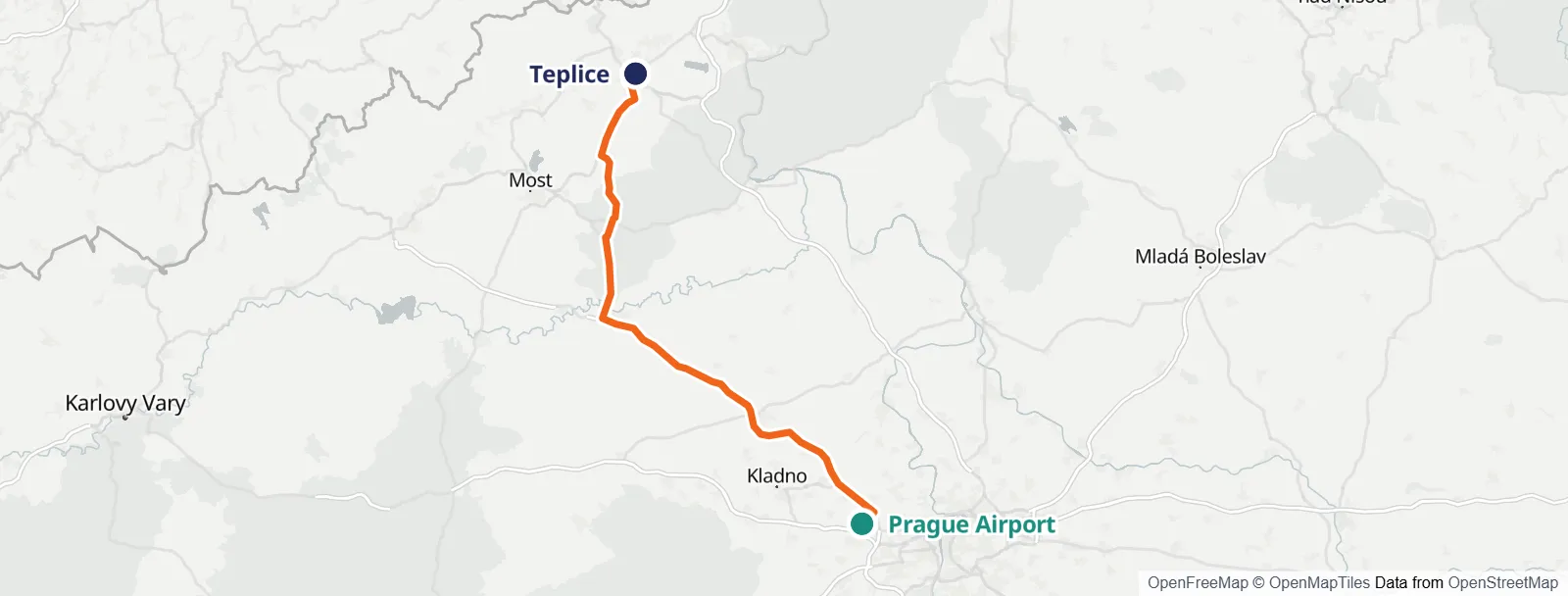 Carte de l’itinéraire: Prague Airport – Teplice