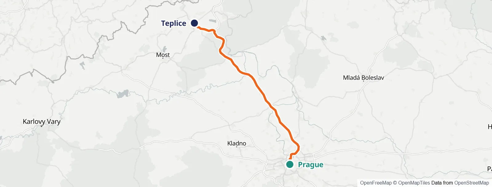 Carte de l’itinéraire: Prague – Teplice